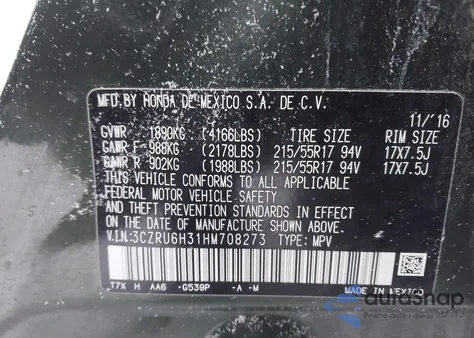 2017 Honda Hr-V Lx z USA, uszkodzony, nr VIN 3CZRU6H31HM708273